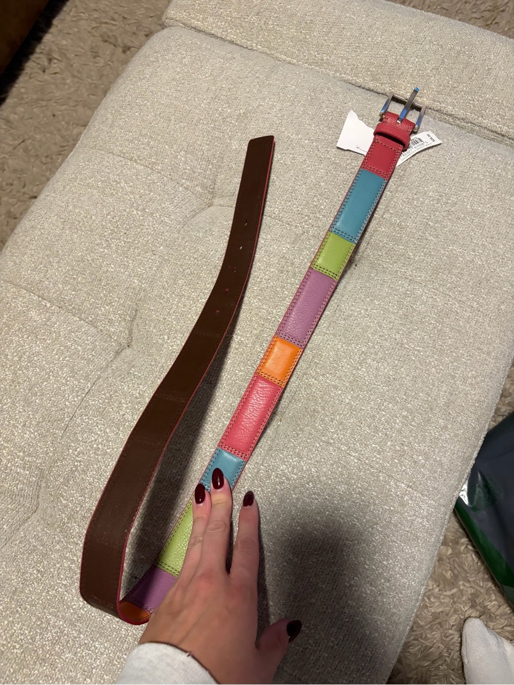 Fossil Multicolor Patchwork Leather Belt with Silver Buckle